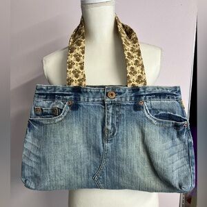 Handmade Upcycled Denim Bag/Tote, Distressed, Blue/Brown